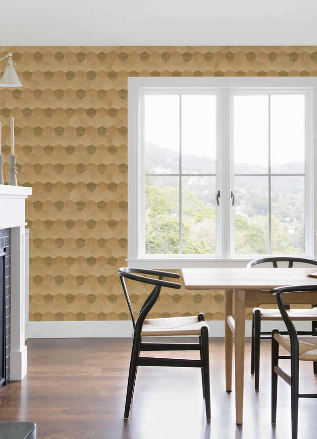 Linzhi Copper Sisal Grasscloth Inlay Wallpaper with Geometric Honeycomb Pattern - A-Street Prints 2972-86115