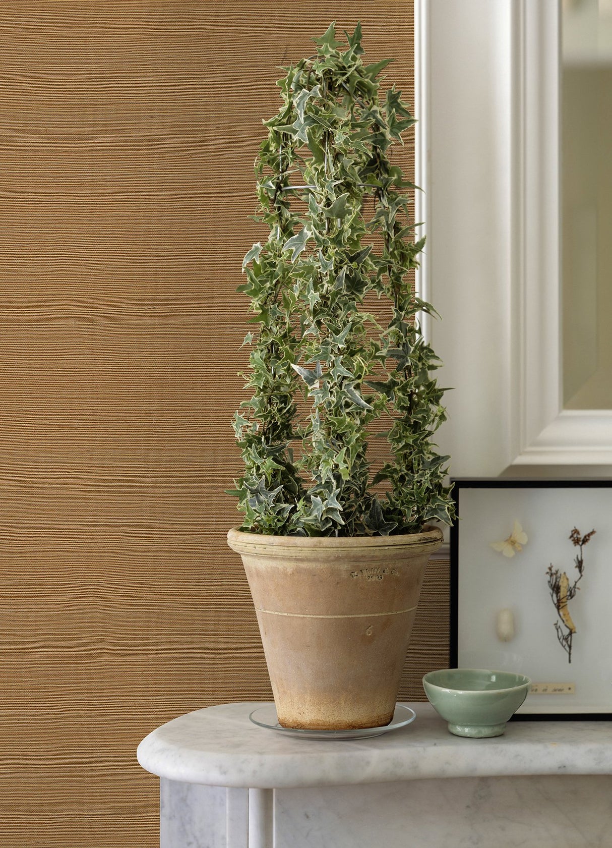 Aiko Orange Sisal Grasscloth Wallpaper with Distressed Textures Bohemian Style - Brewster 2972-86121