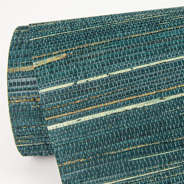 Kira Teal Hemp Grasscloth Wallpaper with Distressed Textures Modern Graphic Weave - Brewster 2972-86126