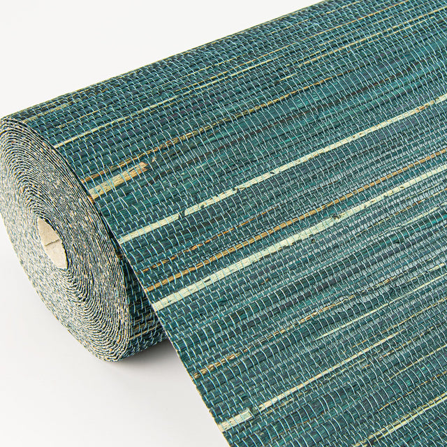 Kira Teal Hemp Grasscloth Wallpaper with Distressed Textures Modern Graphic Weave - Brewster 2972-86126