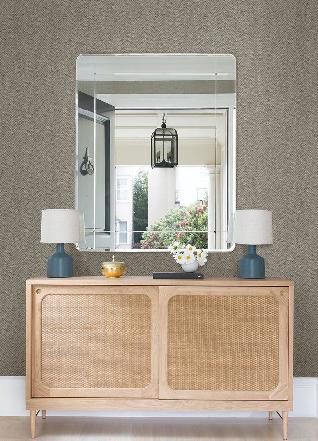 Madoka Dark Grey Paper Weave Grasscloth Wallpaper with Chevron & Houndstooth Pattern, Modern Style - A-Street Prints 2972-86145
