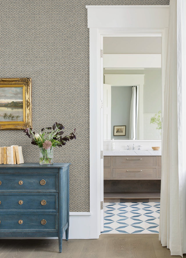 Hui Denim Paper Weave Grasscloth Wallpaper with Geometric Diamond Pattern, Bohemian Style - A-Street Prints 2972-86148