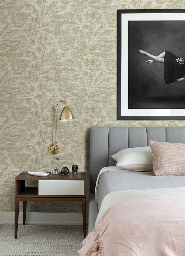 Lei Gold Leaf Wallpaper with Botanical Leaf Pattern, Farmhouse Vinyl Sidewall - Brewster 2972-86150