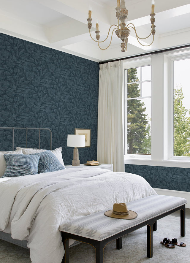 Lei Navy Leaf Wallpaper with Botanical Farmhouse Style - A?Street Prints 2972-86153
