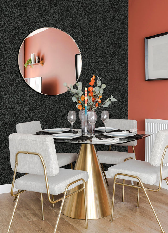 Maris Charcoal Flock Damask Wallpaper with Botanical Damask Glam Style - A-Street Prints 2973-87365