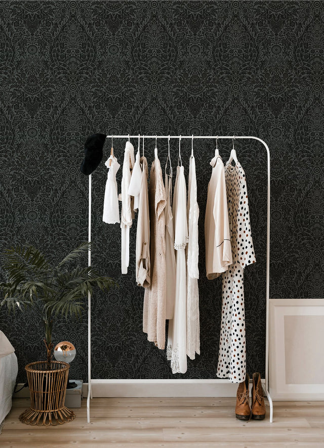 Maris Charcoal Flock Damask Wallpaper with Botanical Damask Glam Style - A-Street Prints 2973-87365