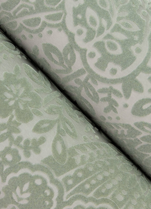 Maris Silver Flock Damask Wallpaper with Botanical Damask in Glam Style - 2973-87366