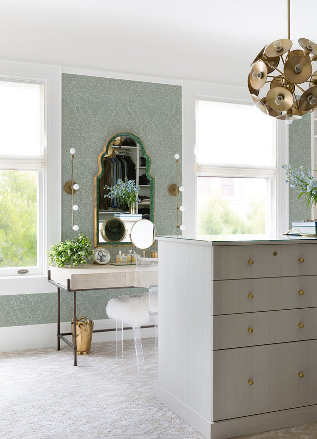 Maris Silver Flock Damask Wallpaper with Botanical Damask in Glam Style - 2973-87366