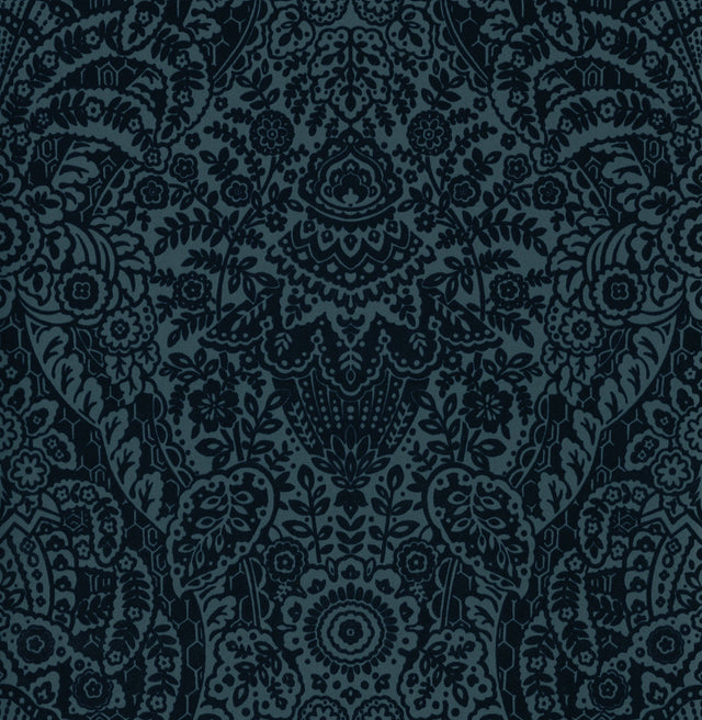 Maris Indigo Flock Damask Wallpaper with Botanical Glam Pattern - A-Street Prints 2973-87367