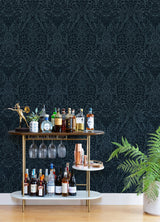 Maris Indigo Flock Damask Wallpaper with Botanical Glam Pattern - A-Street Prints 2973-87367