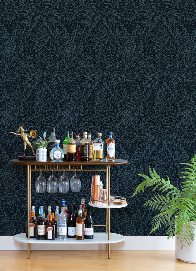 Maris Indigo Flock Damask Wallpaper with Botanical Glam Pattern - A-Street Prints 2973-87367