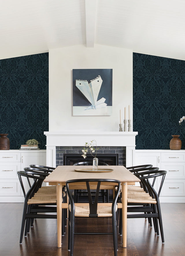 Maris Indigo Flock Damask Wallpaper with Botanical Glam Pattern - A-Street Prints 2973-87367