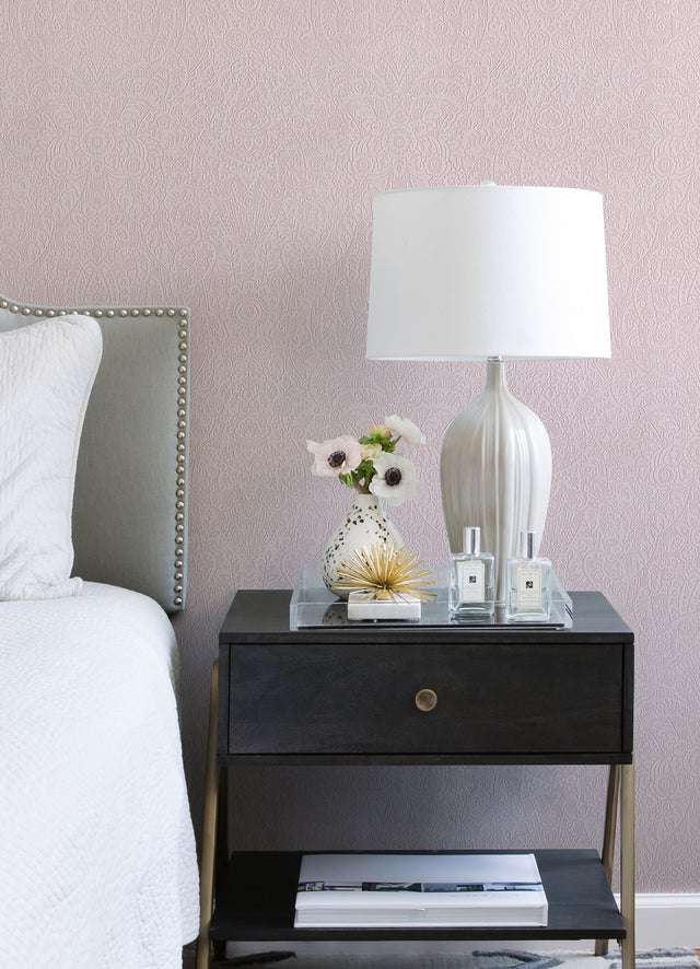Maris Pink Flock Damask Wallpaper with Botanical Glam Motif - A-Street Prints 2973-87368