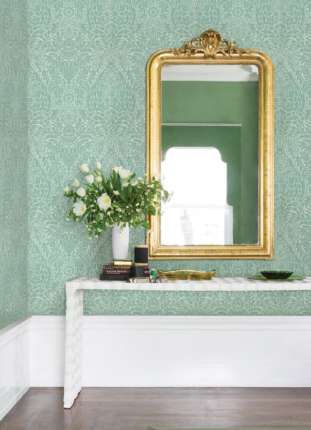 Maris Mint Flock Damask Wallpaper with Botanical Damask Glam Style - A-Street Prints 2973-87369