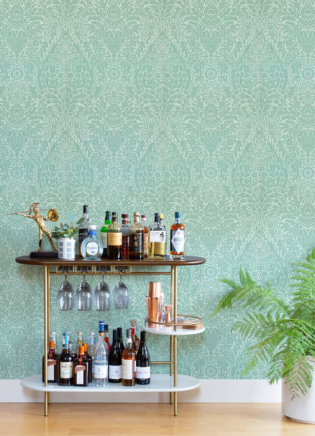 Maris Mint Flock Damask Wallpaper with Botanical Damask Glam Style - A-Street Prints 2973-87369