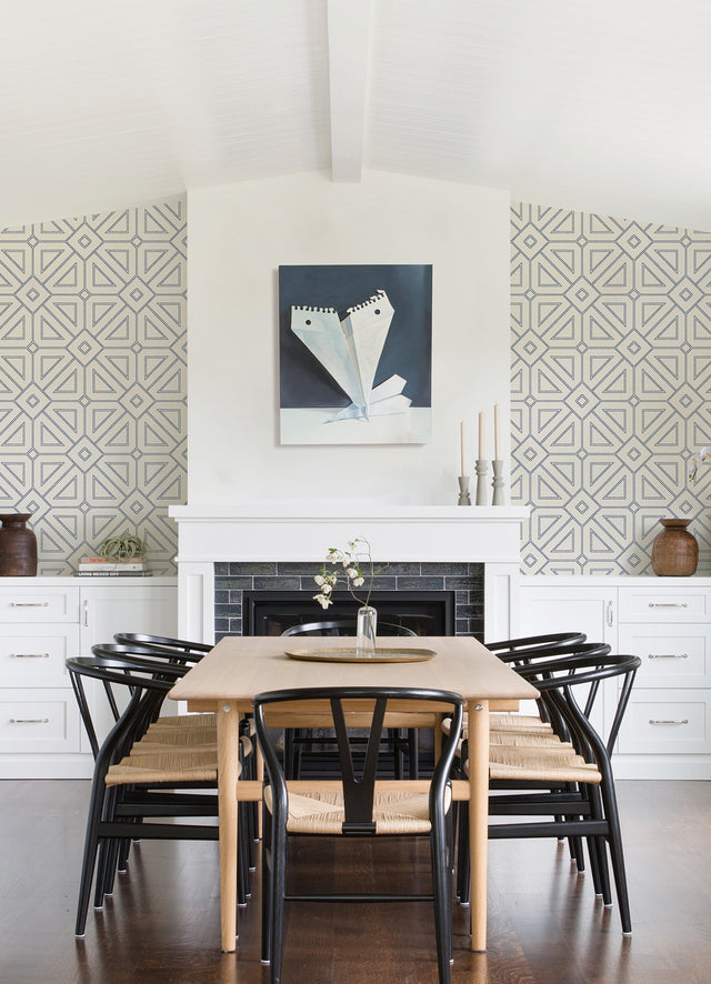 Voltaire Indigo Beaded Geometric Wallpaper with Metallic Beaded Graphic Geometric Motif - A-Street Prints 2973-87372