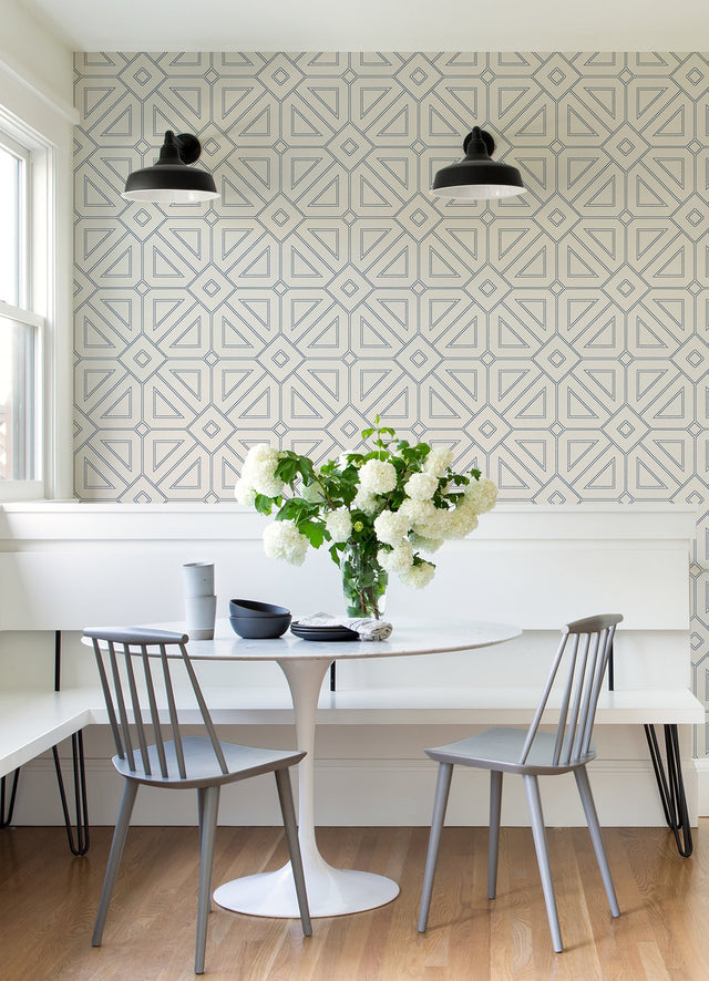 Voltaire Indigo Beaded Geometric Wallpaper with Metallic Beaded Graphic Geometric Motif - A-Street Prints 2973-87372
