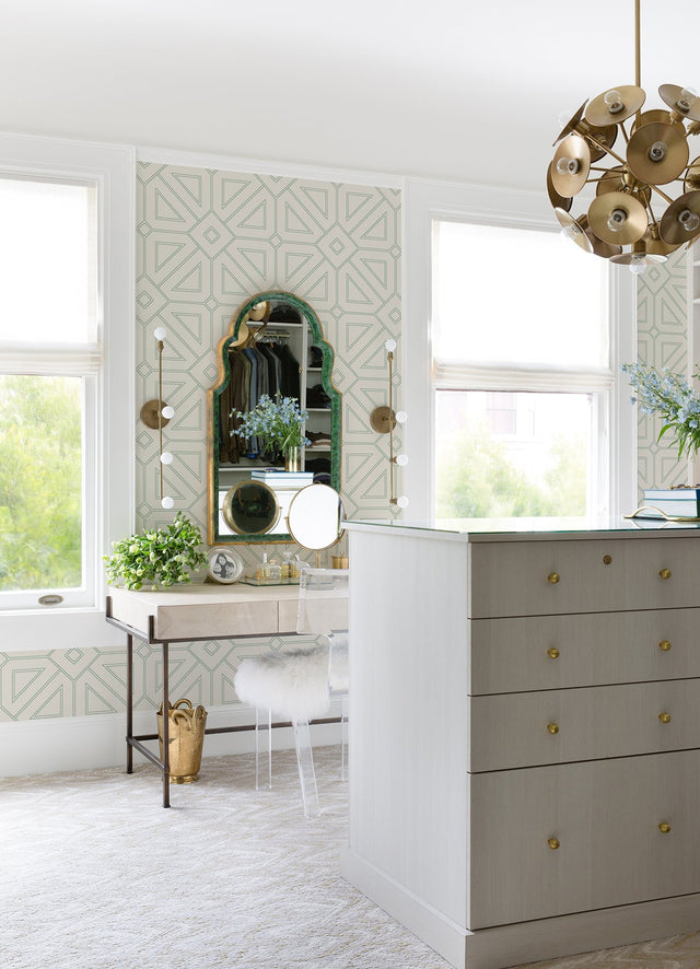 Voltaire Green Beaded Geometric Wallpaper with Metallic Glam Geometric Pattern - A-Street Prints 2973-87373