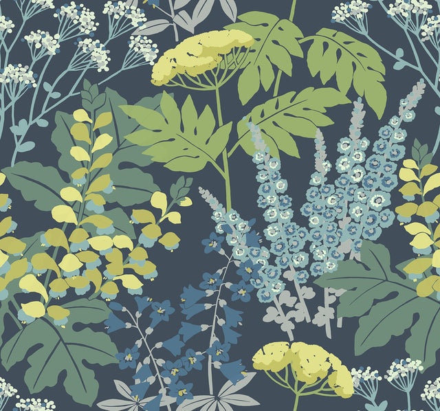 Brie Dark Blue Forest Flowers Wallpaper with Modern Botanical Pattern - A-Street Prints 2973-90001