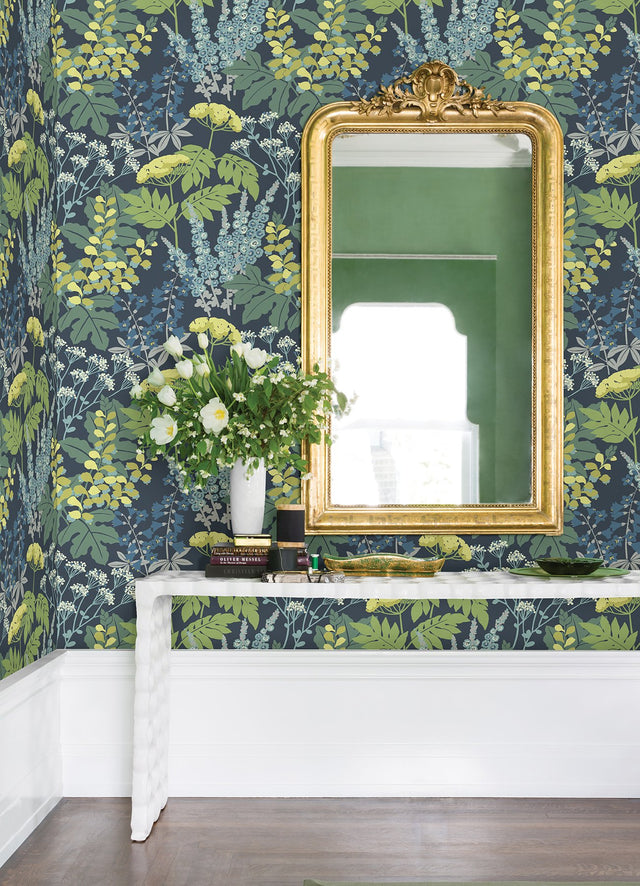 Brie Dark Blue Forest Flowers Wallpaper with Modern Botanical Pattern - A-Street Prints 2973-90001
