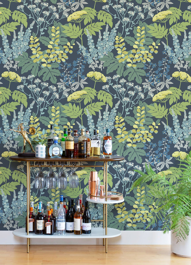 Brie Dark Blue Forest Flowers Wallpaper with Modern Botanical Pattern - A-Street Prints 2973-90001