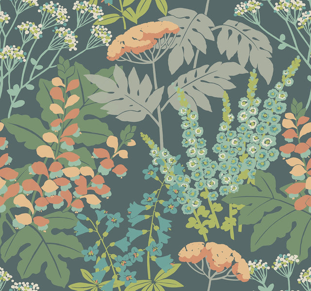 Brie Teal Forest Flowers Wallpaper with Modern Botanical Pattern - A-Street Prints 2973-90008