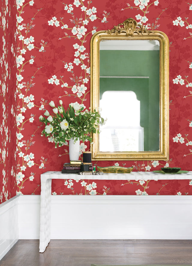 Nicolette Red Floral Trail Wallpaper with Modern Botanical Flower Motif - A-Street Prints 2973-90101
