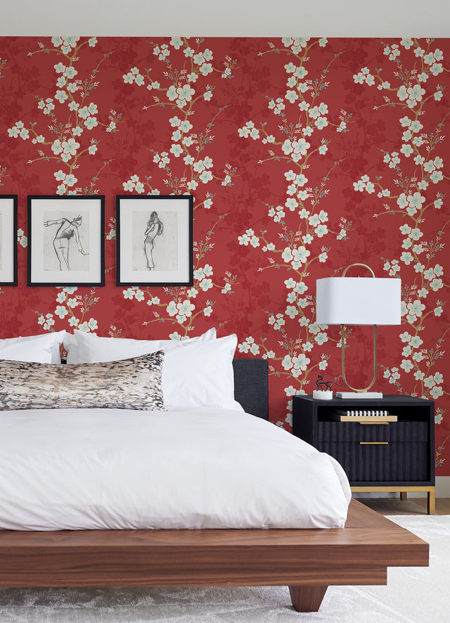 Nicolette Red Floral Trail Wallpaper with Modern Botanical Flower Motif - A-Street Prints 2973-90101