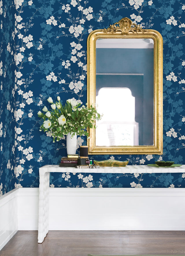 Nicolette Navy Floral Trail Wallpaper with Modern Botanical Flower Pattern - Brewster 2973-90104