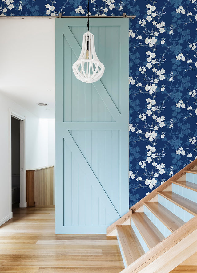 Nicolette Navy Floral Trail Wallpaper with Modern Botanical Flower Pattern - Brewster 2973-90104