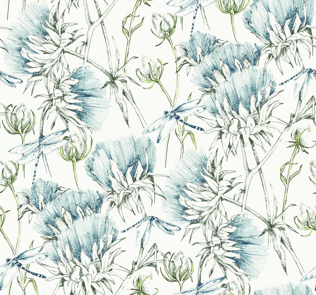 Mariell Teal Dragonfly Wallpaper with Botanical Dragonfly Pattern, Modern Unpasted Acrylic Coated Paper - A-Street Prints 2973-90401