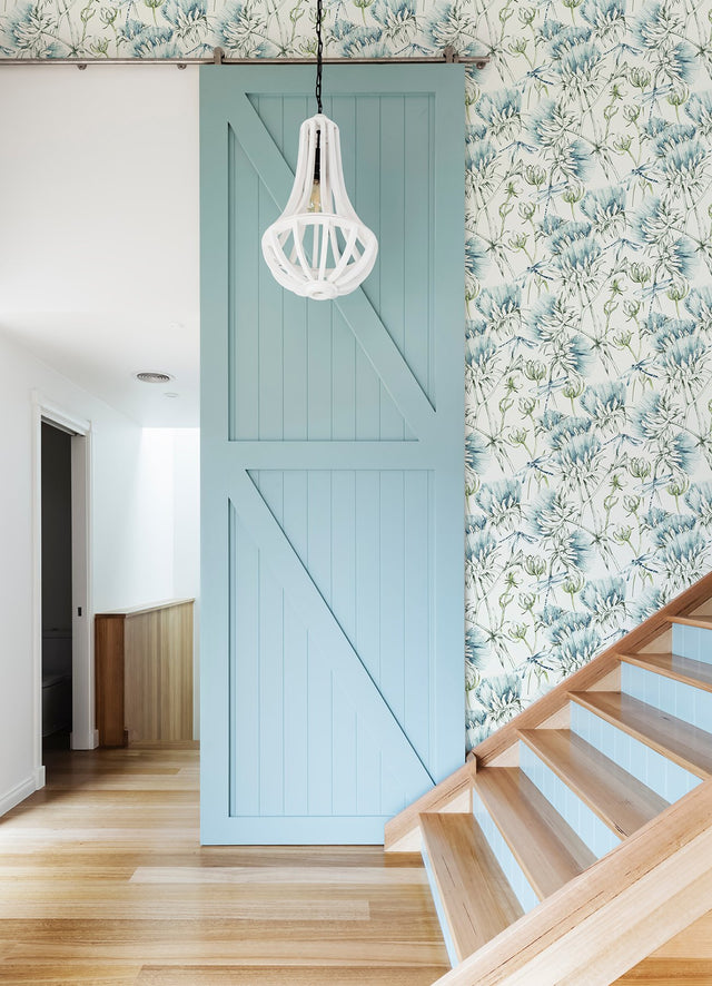 Mariell Teal Dragonfly Wallpaper with Botanical Dragonfly Pattern, Modern Unpasted Acrylic Coated Paper - A-Street Prints 2973-90401
