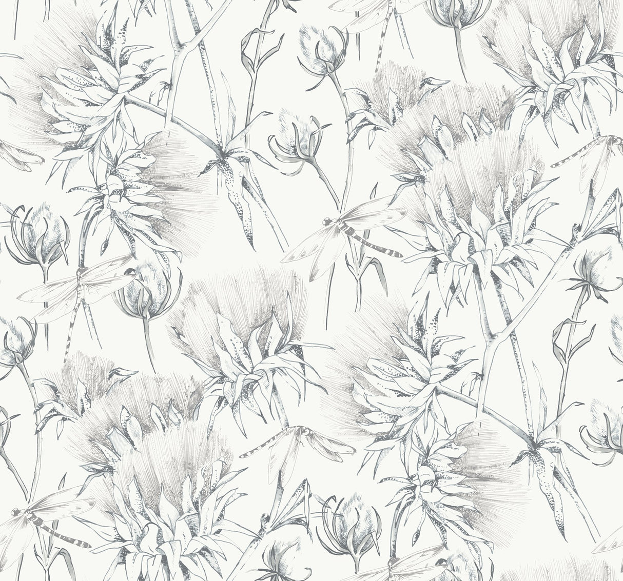 Mariell Grey Dragonfly Wallpaper with Botanical Sketch Motif - A-Street Prints 2973-90402