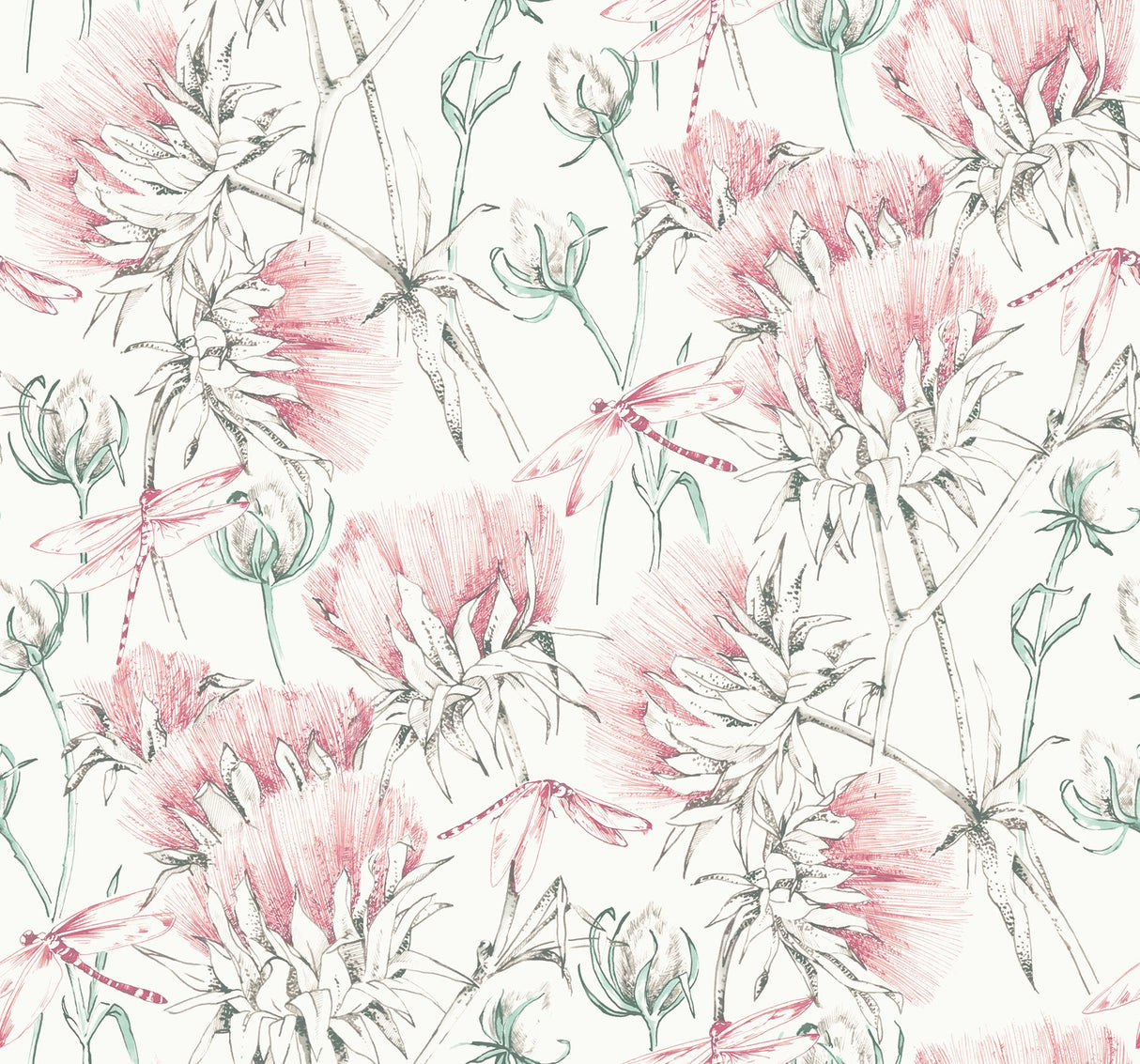 Mariell Pink Dragonfly Wallpaper with Modern Botanical Motif - A-Street Prints 2973-90405