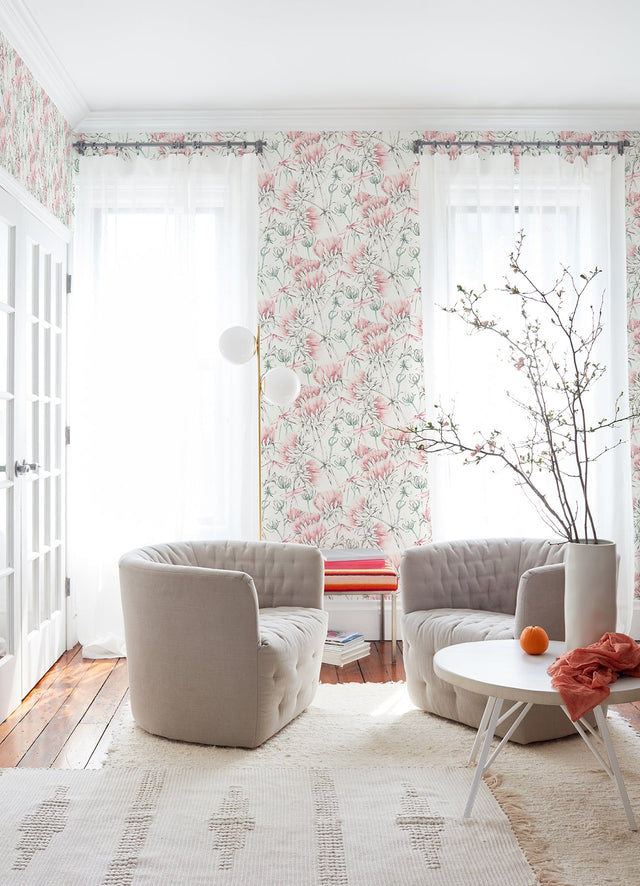 Mariell Pink Dragonfly Wallpaper with Modern Botanical Motif - A-Street Prints 2973-90405