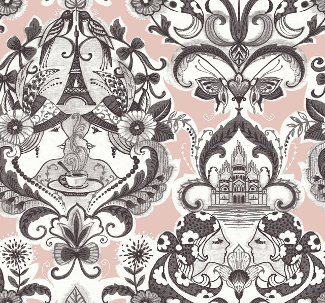 Sadie Blush Parisian Damask Wallpaper with Eclectic Paris Café and Eiffel Tower Motif - A-Street Prints 2973-90884