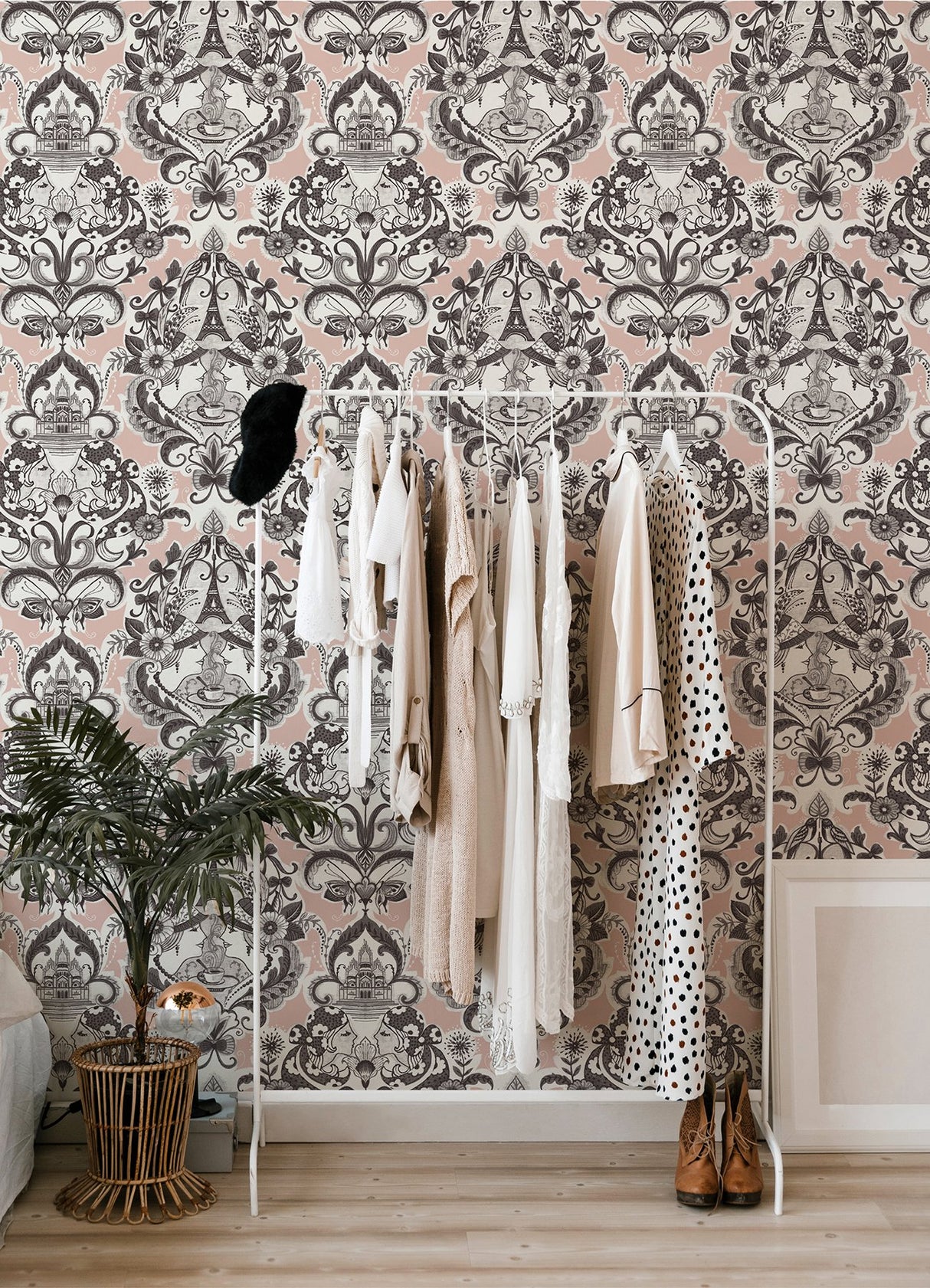 Sadie Blush Parisian Damask Wallpaper with Eclectic Paris Café and Eiffel Tower Motif - A-Street Prints 2973-90884