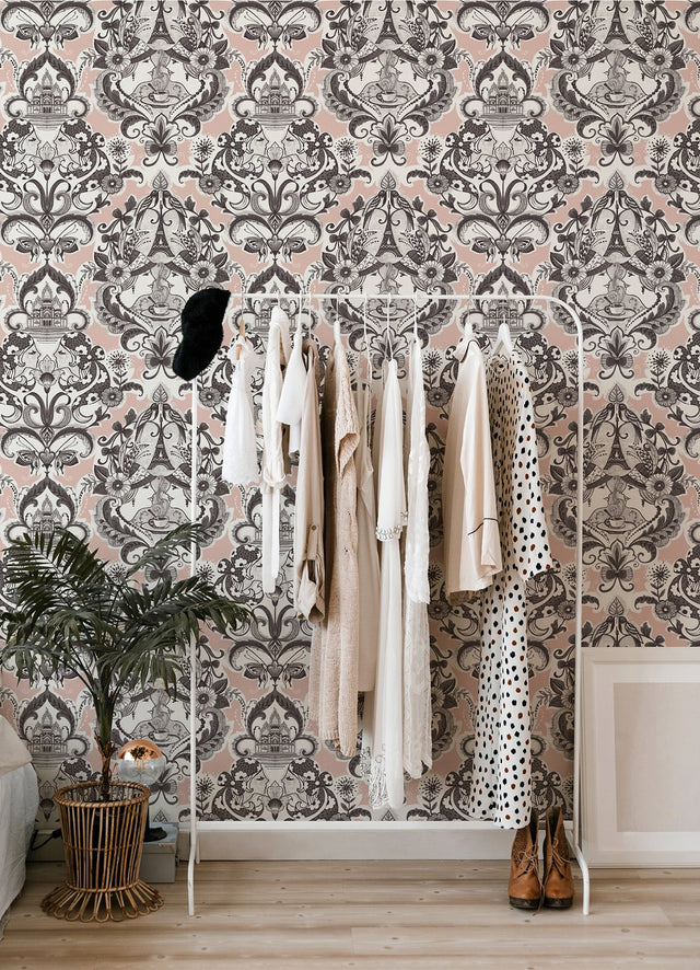 Sadie Blush Parisian Damask Wallpaper with Eclectic Paris Café and Eiffel Tower Motif - A-Street Prints 2973-90884