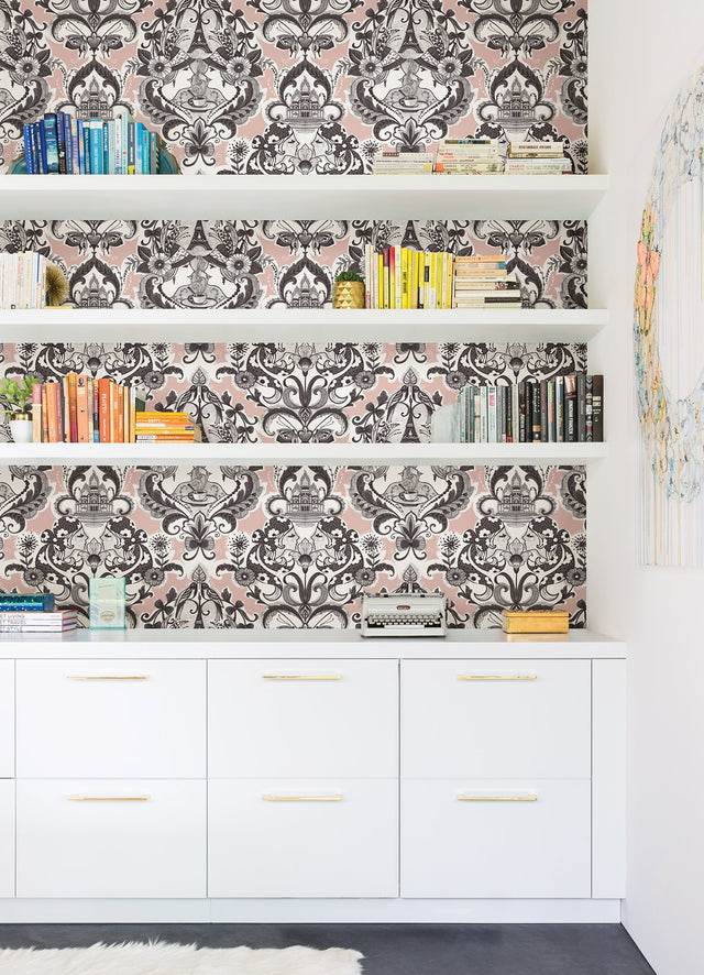 Sadie Blush Parisian Damask Wallpaper with Eclectic Paris Café and Eiffel Tower Motif - A-Street Prints 2973-90884