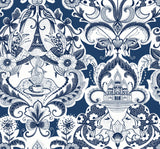 Sadie Navy Parisian Damask Wallpaper with Eclectic Graphics Damask Motif - A-Street Prints 2973-90885