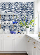 Sadie Navy Parisian Damask Wallpaper with Eclectic Graphics Damask Motif - A-Street Prints 2973-90885