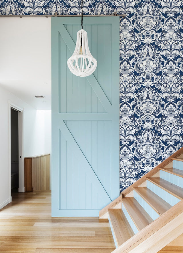 Sadie Navy Parisian Damask Wallpaper with Eclectic Graphics Damask Motif - A-Street Prints 2973-90885