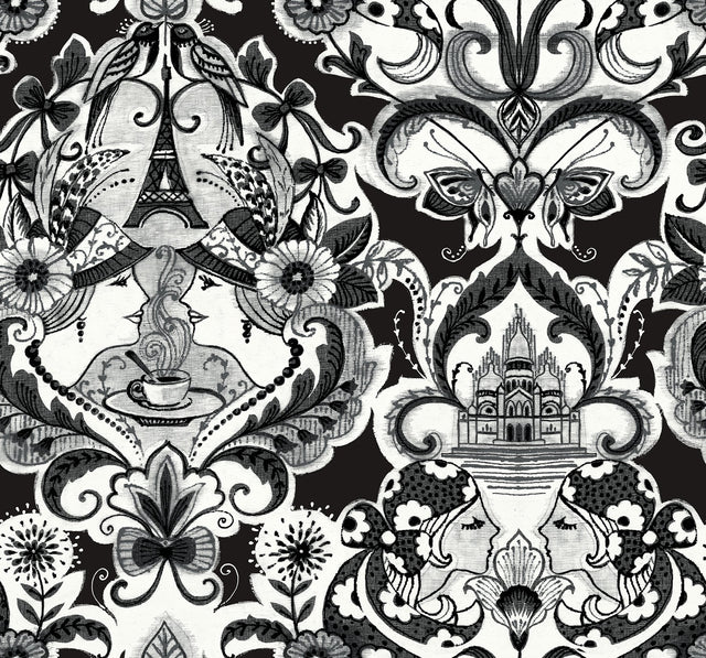 Sadie Black Parisian Damask Wallpaper with Eclectic Graphics Damask - A-Street Prints 2973-90886