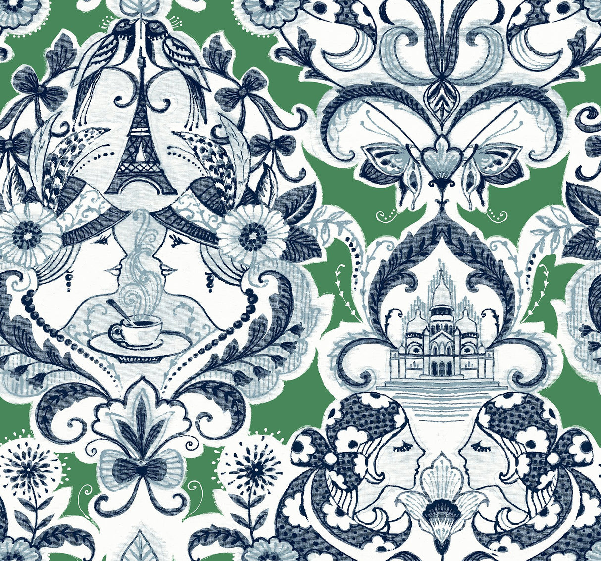 Sadie Green Parisian Damask Wallpaper with Eclectic Graphic Damask Motif - A-Street Prints 2973-90887