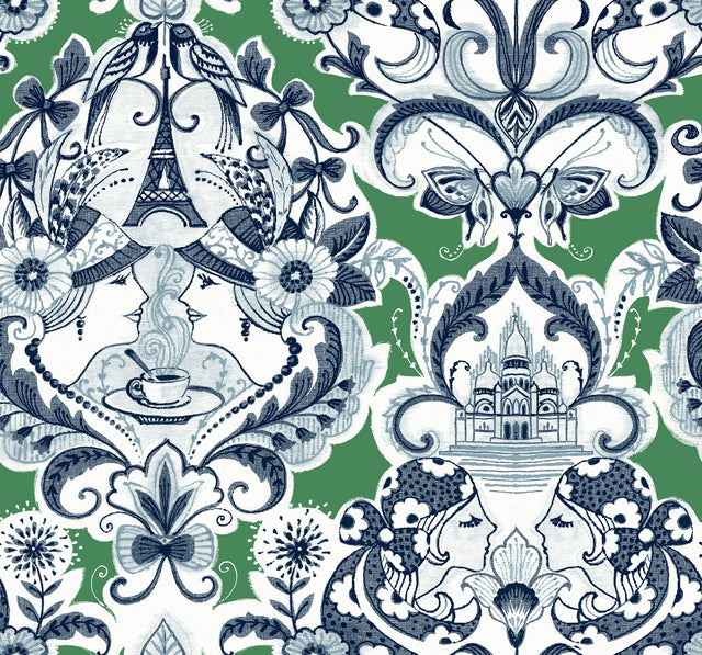 Sadie Green Parisian Damask Wallpaper with Eclectic Graphic Damask Motif - A-Street Prints 2973-90887