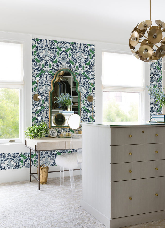 Sadie Green Parisian Damask Wallpaper with Eclectic Graphic Damask Motif - A-Street Prints 2973-90887