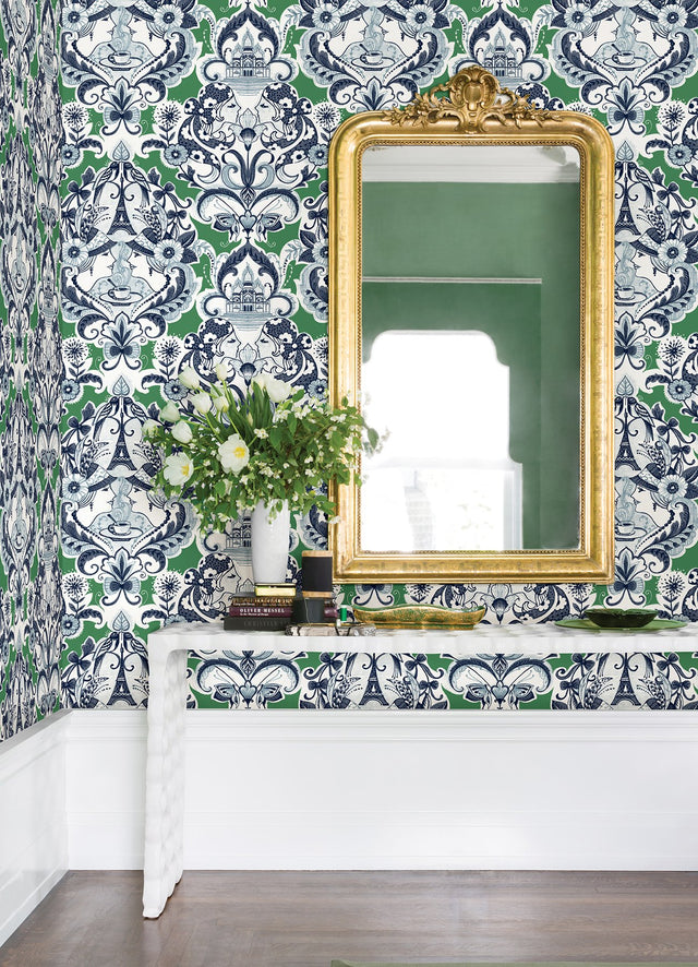 Sadie Green Parisian Damask Wallpaper with Eclectic Graphic Damask Motif - A-Street Prints 2973-90887