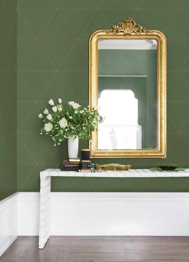 Twilight Moss Geometric Green Wallpaper with Metallic Triangular Grid - A-Street Prints 2973-91010