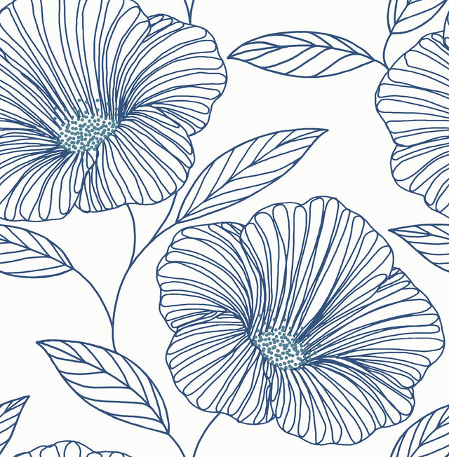 Mythic Blue Floral Wallpaper with Modern Botanical Flower Outline - A-Street Prints 2973-91135