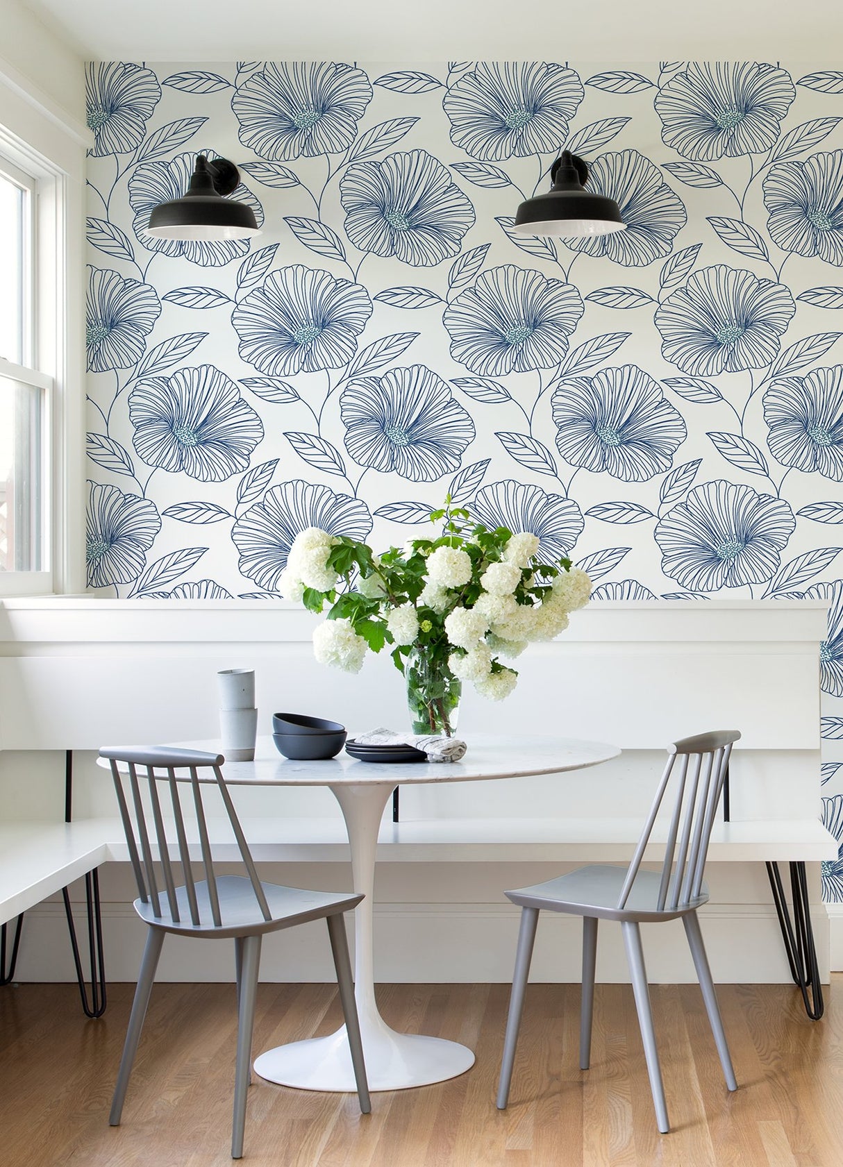 Mythic Blue Floral Wallpaper with Modern Botanical Flower Outline - A-Street Prints 2973-91135